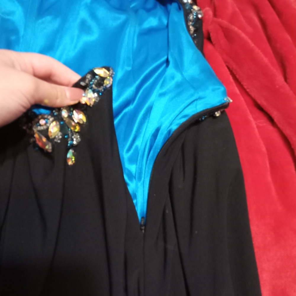 Women's Black & Royal Blue Beaded Jaoy Couture Floor Length Dress - Picture 15 of 16